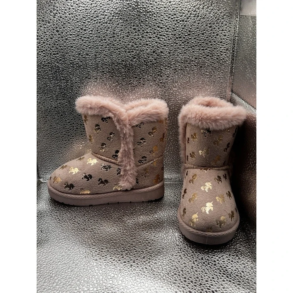 Olivia Miller Toddler Girl Size 9 Unicorn Boots Pink Gold Faux Fur Soft Pull On